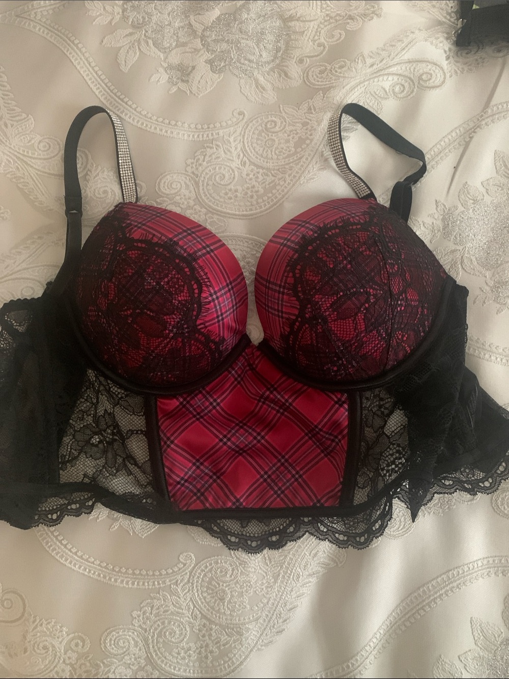 Victoria's Secret Pink Plaid Lace Longline Bustier Bra
